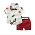 Floral Boy Gentleman Outfits Suit Short Sleeve Toddler Bow Tie Shirt Tops +Red Shorts Summer Set For Boy Kids Form 1-5 Years