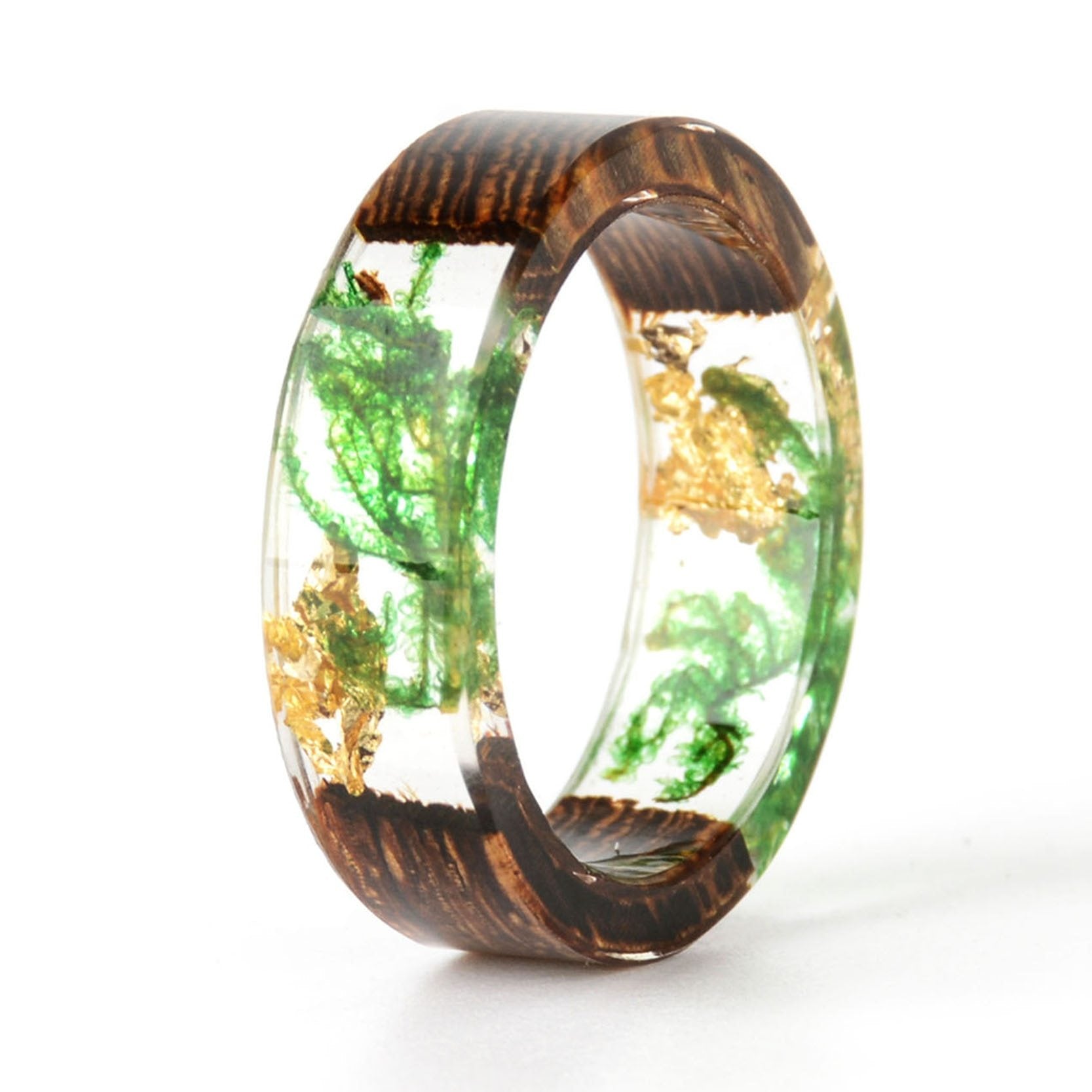 Handmade Elegant Romantic Dried Colorful Real Flower Wood Resin Epoxy Ring Gold Foil Inside Ring for Women