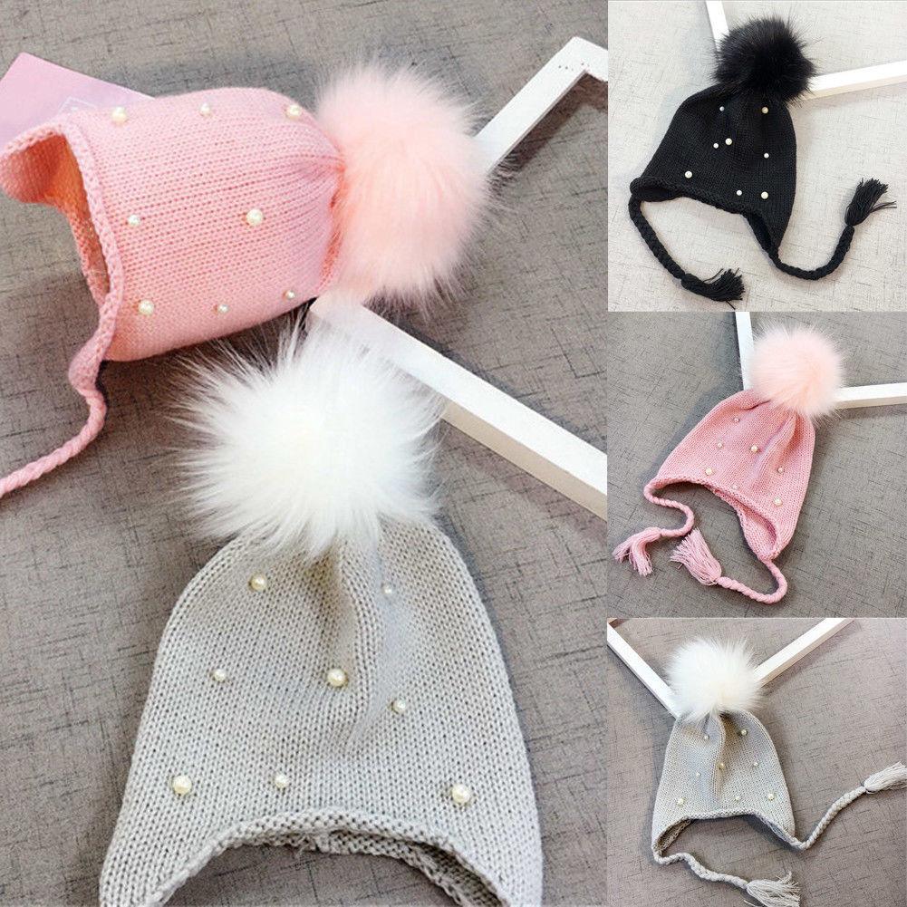 Beautiful Newborn Cute Pearl Winter Warm Knit Pompom Hats Infant Kids Soft Hat For Baby Boy And Girls