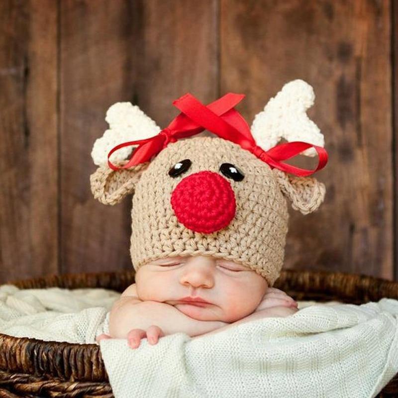 Luxury Handmade Christmas Newborn Infant Baby Boys and  Girls Hats Cartoon Crochet Knitted Bowknot Deer Baby Cap For Winter