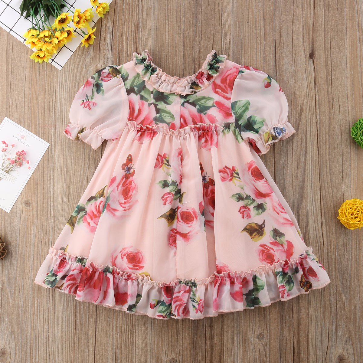 Cute Baby Girls Dress with  Flower Puff Sleeves A -line Dress For Baby Girls for Holiday Party