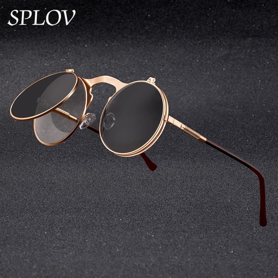 Luxury Retro  Vintage Steampunk Flip  Retro Round Metal Frame Sunglasses for Men and Women Brand Designer Circle Glasses Oculos Leon sunglasses