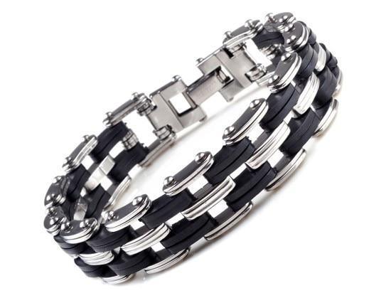 Men Stainless Steel Link Chain Bracelets & Bangles Men's Cuff  Wristband Biker Motorcycle Black Silicone Bracelet