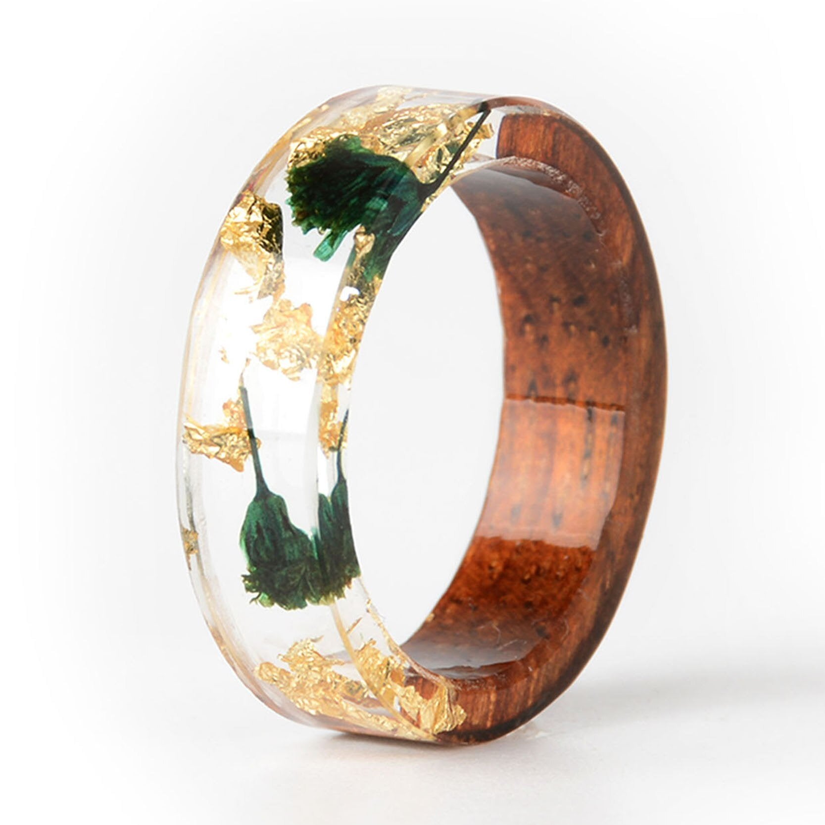 Handmade Elegant Romantic Dried Colorful Real Flower Wood Resin Epoxy Ring Gold Foil Inside Ring for Women