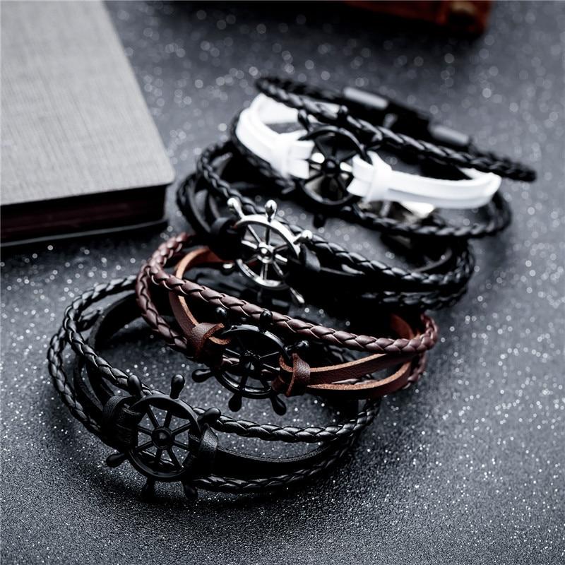 Black Leather Charm Bracelets Elegant For Men Couple Hope Rudder Bracelets Bangles For Men Women Femme Homme Fashion Jewelry Gift