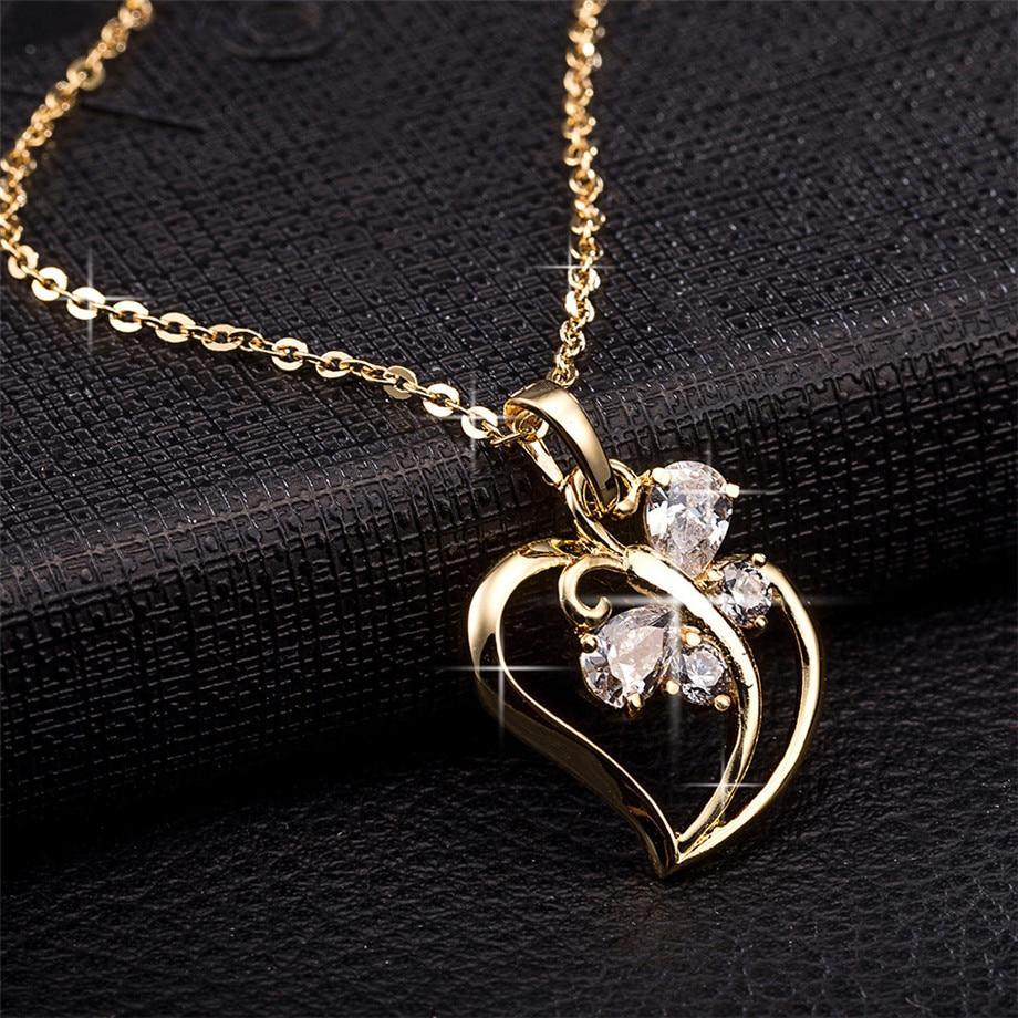 Luxury Diamond Shiny Trendy Cubic Zirconia Butterfly Heart Necklace Pendant For Women InGold Color Neck Chain For Ladies New Jewelry Collection