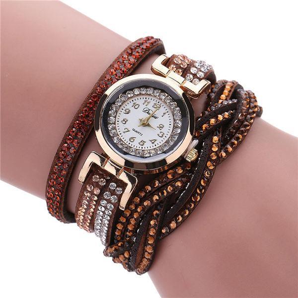 Fashion Casual Gold Quartz Women Rhinestone Watch Braided Leather Bracelet Watch Gift Ladies Wristwatch For Ladies  and Women