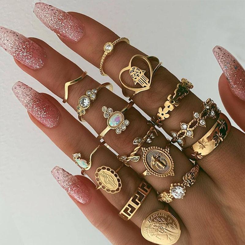 Trend Boho Vintage Gold Star Moon Rings Set For Women In Opal Crystal Ring Design Female Bohemian Jewelry  Style