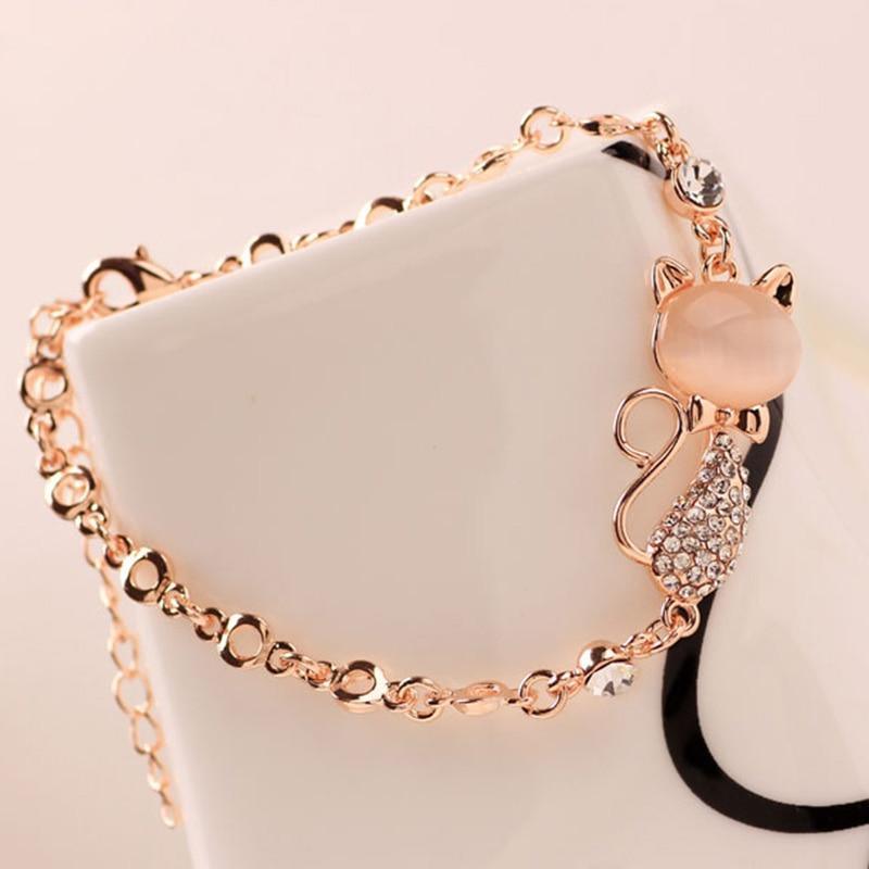 New Rose Gold Alloy Elegant Lovely Cat Bracelets Luxury For Women Femme Children Girl Gift Jewelry Charms Crystal Opals Rhinestone Bangle Chain