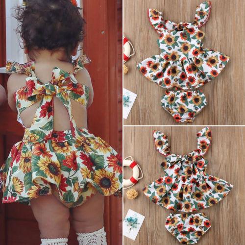 Newborn Baby Girls Outfits with Sunflower Top Dress Bottoms Bow Back Dress For Baby Girls