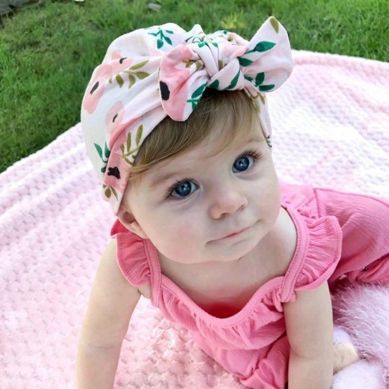 Cute Soft Cotton Knot Printed Rabbit Ears Turban Hat Indian Flower Cap for Baby Girls Accessories