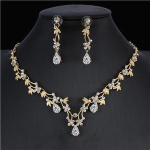 Classic Bridal Jewellery Sets for Women's Dresses Accessories Cubic Flower Necklace Earrings Set Gold Color