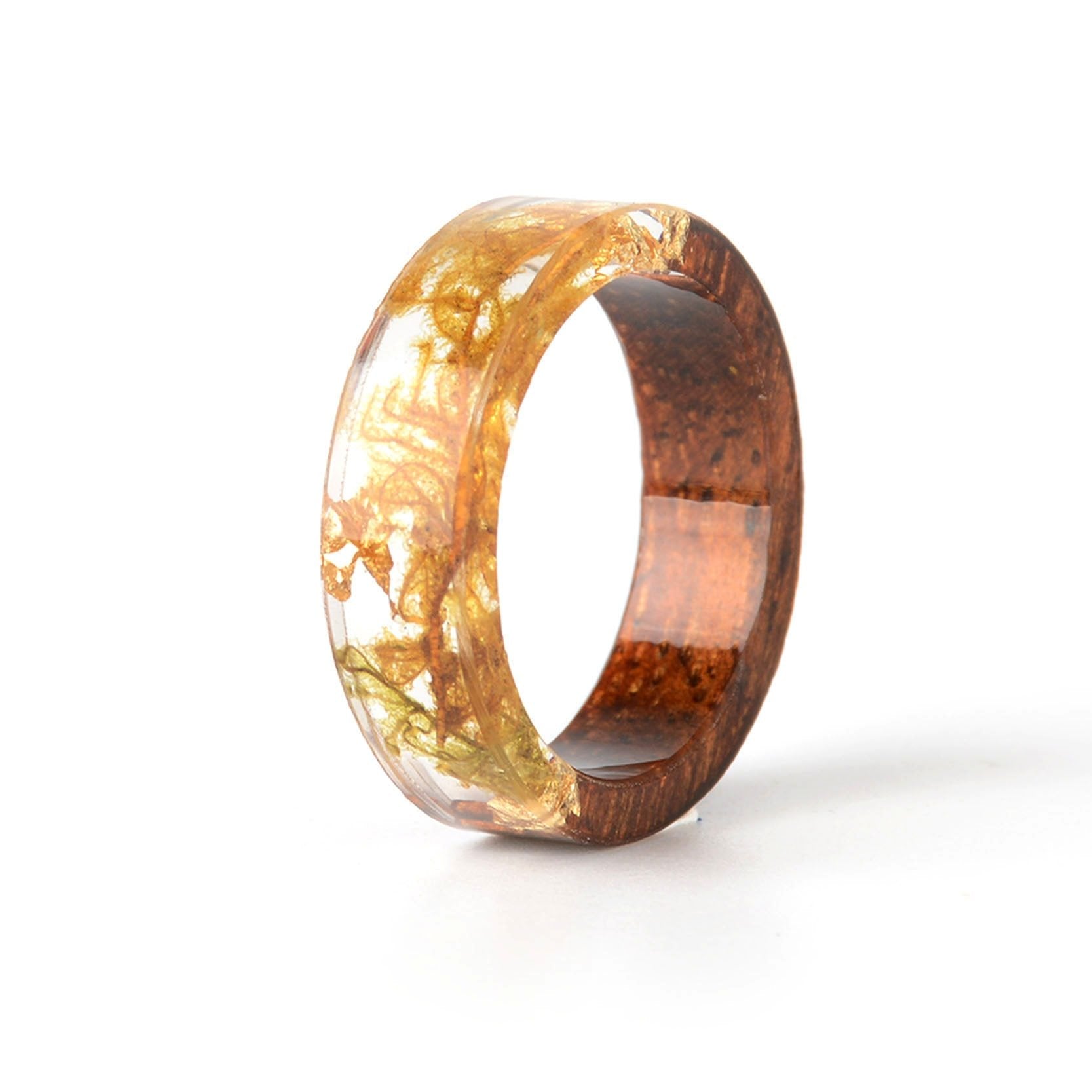 Handmade Wood Resin Ring Dried Flowers Plants Inside Jewelry Resin Ring Transparent Anniversary Ring for Women and Men In Modern Style