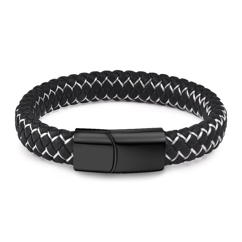 Handmade Luxury Modern Leather Black Blue Braided Leather Bracelet for Men Stainless Steel Design