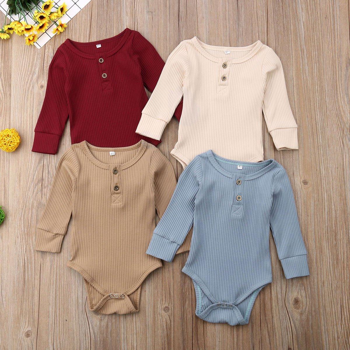 Newborn Infant Baby Girl Boy Ribbed Bodysuit  Ruffle  Long Sleeve One-Pieces Solid Jumpsuit Outfits For Girls