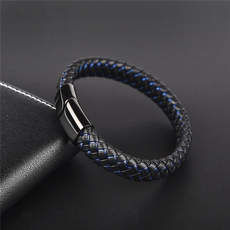 Handmade Luxury Modern Leather Black Blue Braided Leather Bracelet for Men Stainless Steel Design