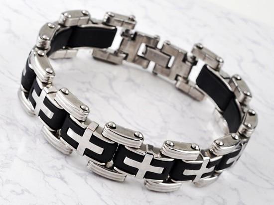 Men Stainless Steel Link Chain Bracelets & Bangles Men's Cuff  Wristband Biker Motorcycle Black Silicone Bracelet