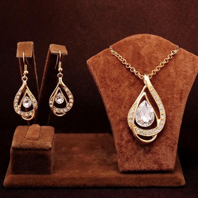 Unique Design Double Layer Water Drop Jewelry Sets for Women Fashion Crystal Necklace Earrings Bridal Wedding Jewelry Sets Gift