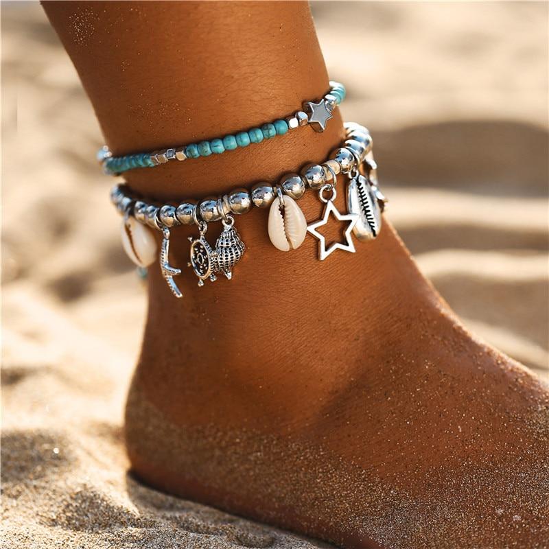 Starfish Pendant Anklets For Women Stone Beads Shell Anklet Bohemian Bracelets Jewelry