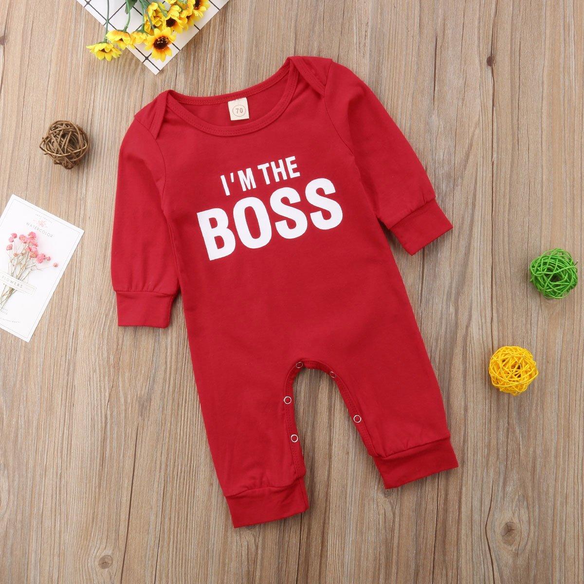 Cute Newborn Baby Child I'm the BOSS Romper Outfits Christmas Clothing Gifts for Boys/Girls Modern Red Jumpsuit