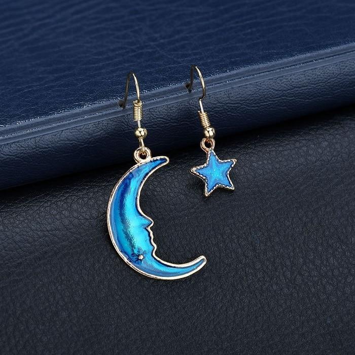 New Modern Fashion Blue Space Universe Elegant Moon Star Luxury Earrings For Women Perfect Gold Color Universe Planet Circle Asymmetry Trendy Long Earrings