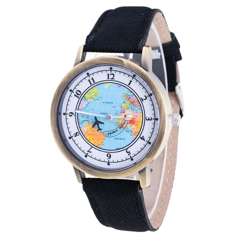 Fashion Casual Watches Women Casual Wristwatch Personality World Map With Airplane Pattern Cowboy Band Quartz Watch For Woman  and Girls