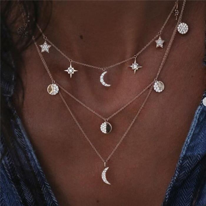 Luxury Modern Moon and Star Arabic Crystal Choker Multilayer Chain Necklaces For Women Luxury Jewelry Vintage Cool Style For Ladies