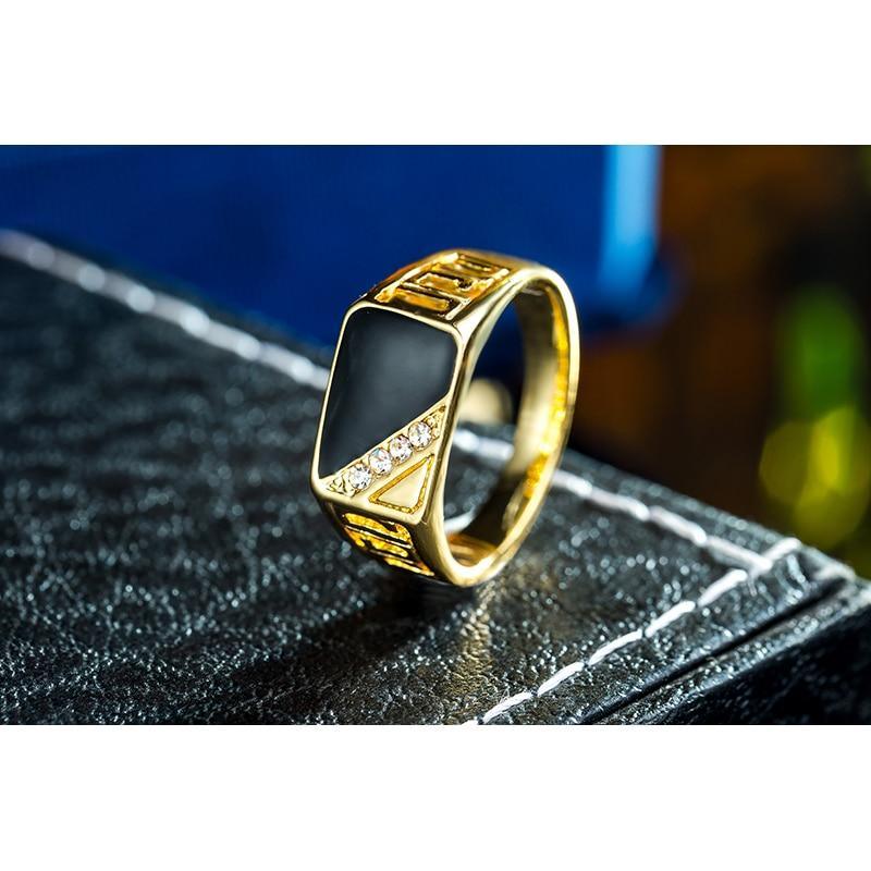 Classic Modern Gold-color Rhinestone Men Ring With Black Enamel Male Finger Ring Design