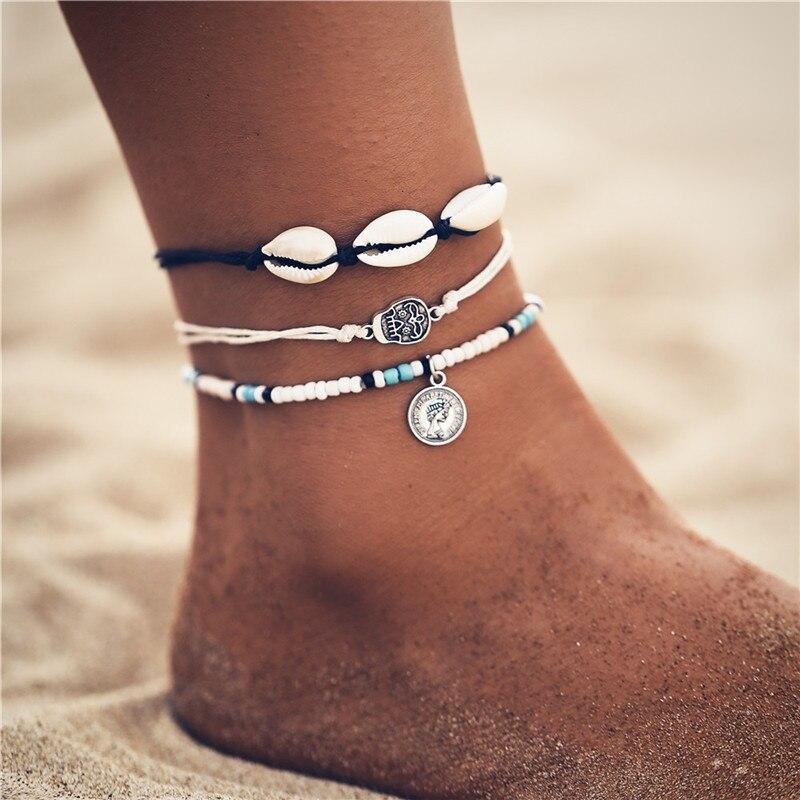 Bohemian Starfish Stone Anklets Set For Women Handmade Wave Anklet Bracelet on Leg Jewelry