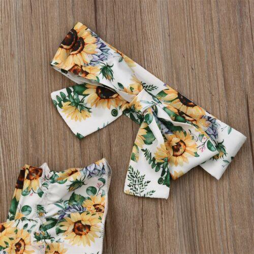 Modern Elegant Baby Girl Floral Romper Jumpsuit Playsuit Clothes Sun suit Baby Clothing WIth Sunflower Design And Bow