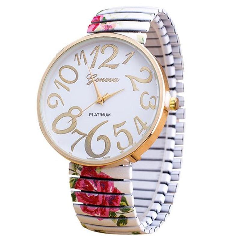 Watch Beautiful Flowers Print Design Luxury Women Elasticity Shrink Bracelet Quartz Wrist Watch For Women Ladies and Girls