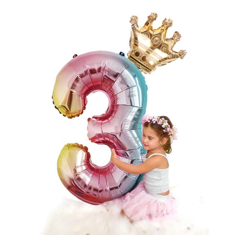 Luxury Gradient Modern 32inch Rainbow number Foil Balloons For Birthday party Decorations Kids Rose Ballons With Crown From 0-9 Numbers