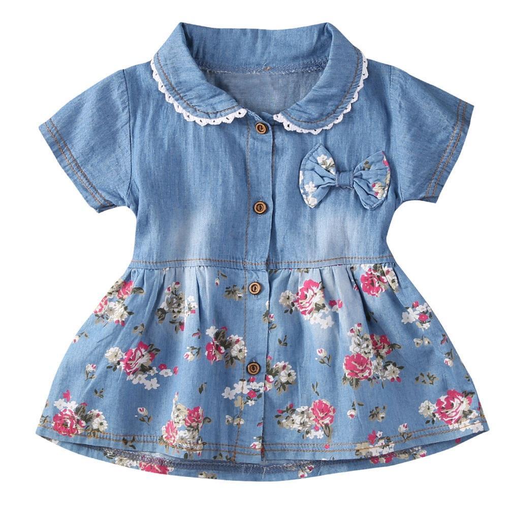 Modern Floral Print Bowknot Princess Jeans Short Sleeve Costume Kids Dresses For Girls