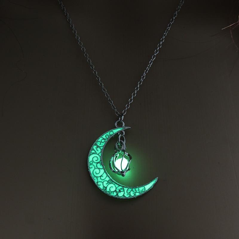 Modern Amazing Moon Glowing Necklace Gem Charm Elegant Jewelry Silver Plated Women Halloween Pendant Hollow Luminous Stone Pendant Perfect Necklace Gifts