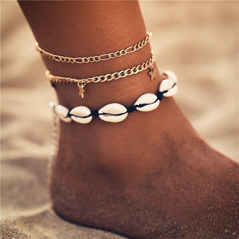 Bohemian Starfish Stone Anklets Set For Women Handmade Wave Anklet Bracelet on Leg Jewelry