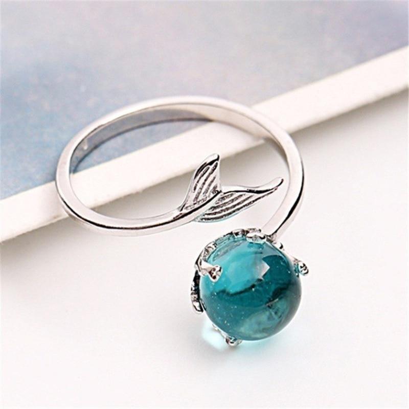 Elegant Silver Color Fishtail Blue Gem Crystal Mermaid Bubble Open Luxury Rings For Women Creative Fashion Party Birthday Gift Jewelry