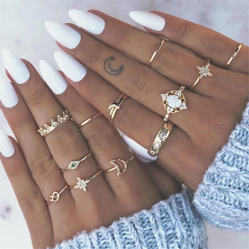 Trend Boho Vintage Gold Star Moon Rings Set For Women In Opal Crystal Ring Design Female Bohemian Jewelry  Style