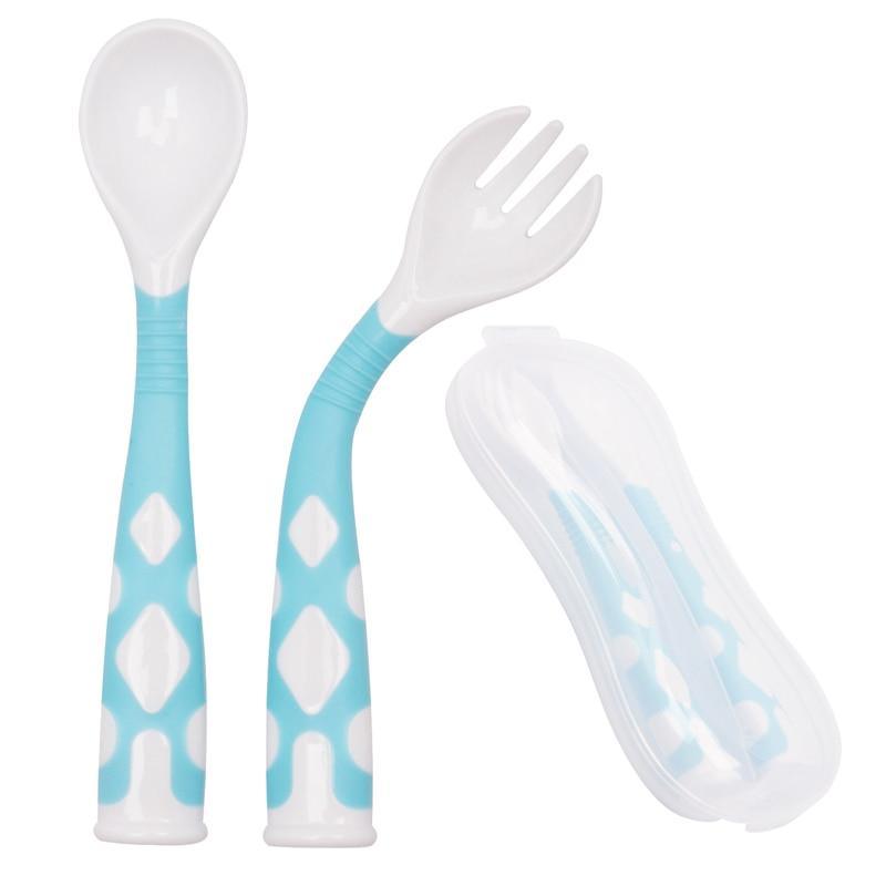 Baby Own Spoon and Fork Set With Travel Safe Case Toddler Babies Children Feeding Training Spoon Easy Grip Heat-Resistant Spoon