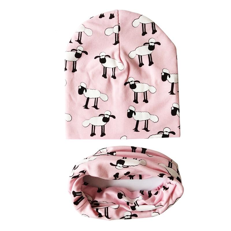 Modern Children Girls Cartoon Sheep Printing Cotton Hat and Scarf Animal Pattern Kids Caps Baby Beanie