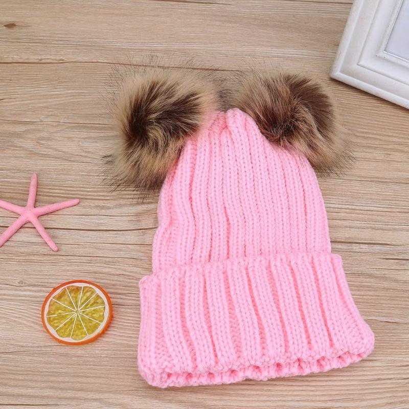 Fashion Parent-child Caps Cute Infant Baby Pom Pom Cap Winter Double Fur Ball Hat Baby Mom Warm Knitted Hat