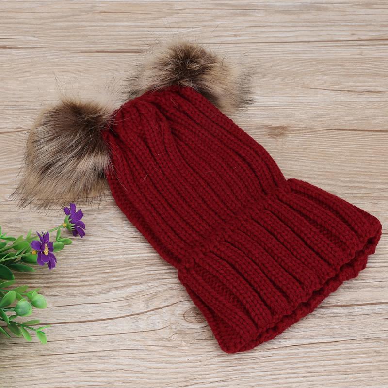 Fashion Parent-child Caps Cute Infant Baby Pom Pom Cap Winter Double Fur Ball Hat Baby Mom Warm Knitted Hat