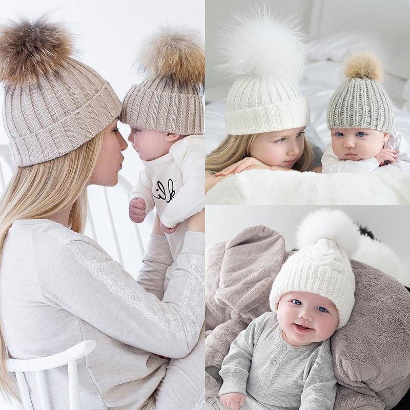 2Pcs Modern Mother & Baby Child Warm Winter Beanie Fur Pom Hat Crochet Ski Cap For Winter