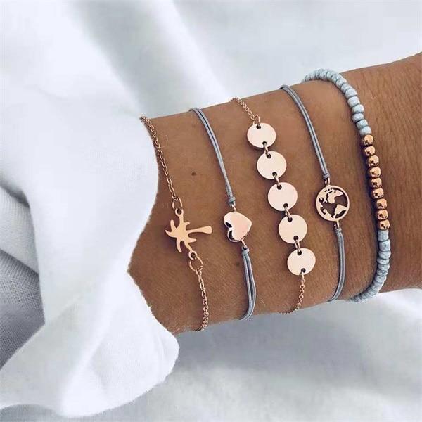 Luxury Modern  Gold Crystal Circle Arrow Bracelets Set for Women In Bohemian Pink Opal Adjustable Charm Bracelet Jewelry Style for Women and Ladies