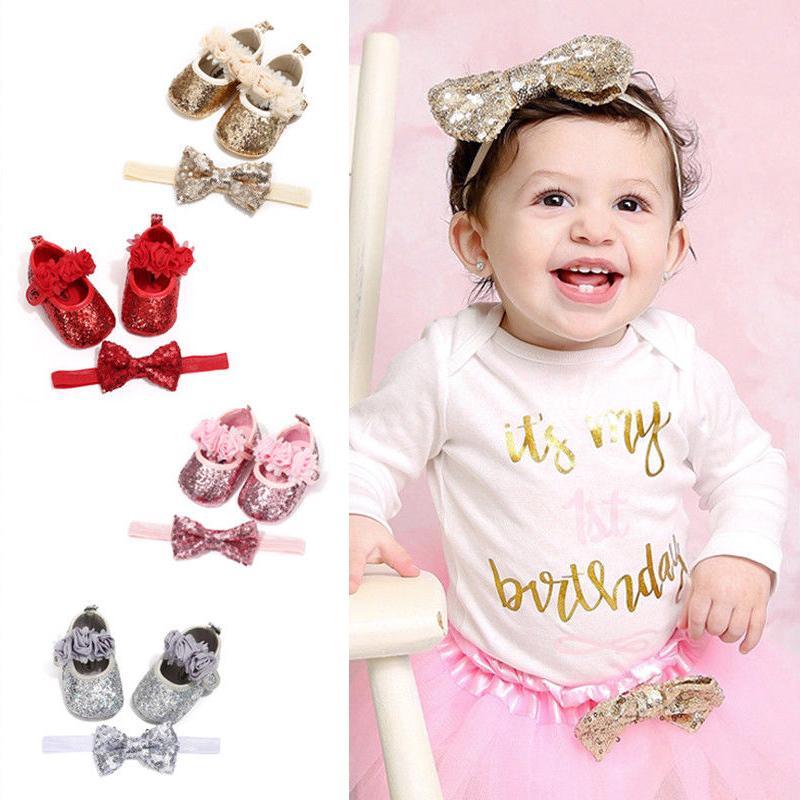 Cute Sparkly Baby Bowknot Non-Slip Sole Baby Girls Shoes Newborn Princess First Walkers Hairband Baby Party Shoes