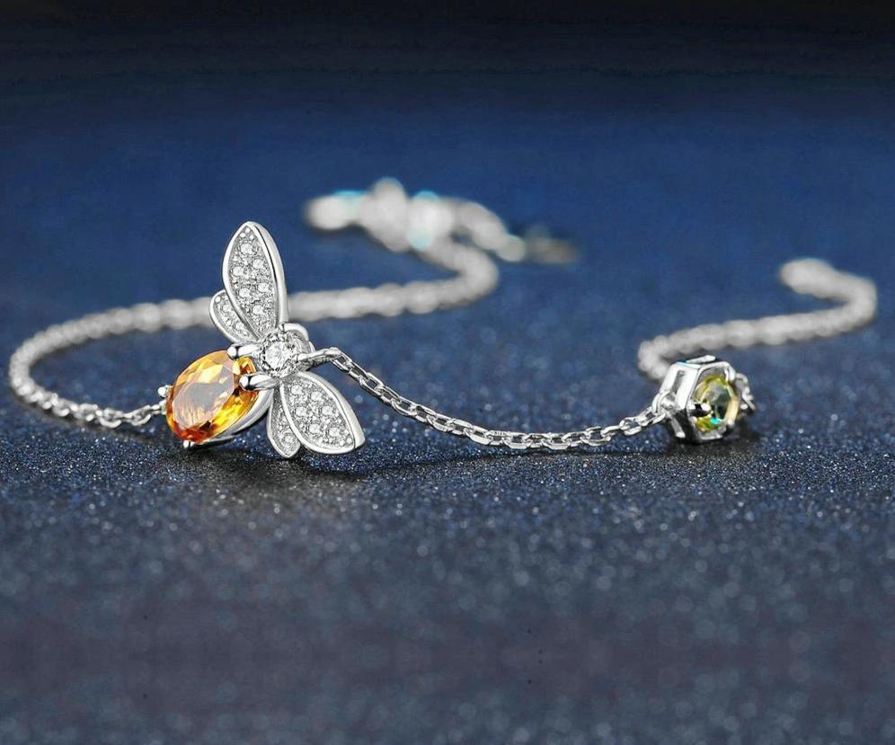 Cute Bee 925 Sterling Silver Bracelet Woman Love Gemstones Jewelry 14K Gold Plated Designer Jewelry