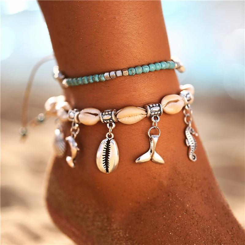 Bohemian Starfish Stone Anklets Set For Women Handmade Wave Anklet Bracelet on Leg Jewelry