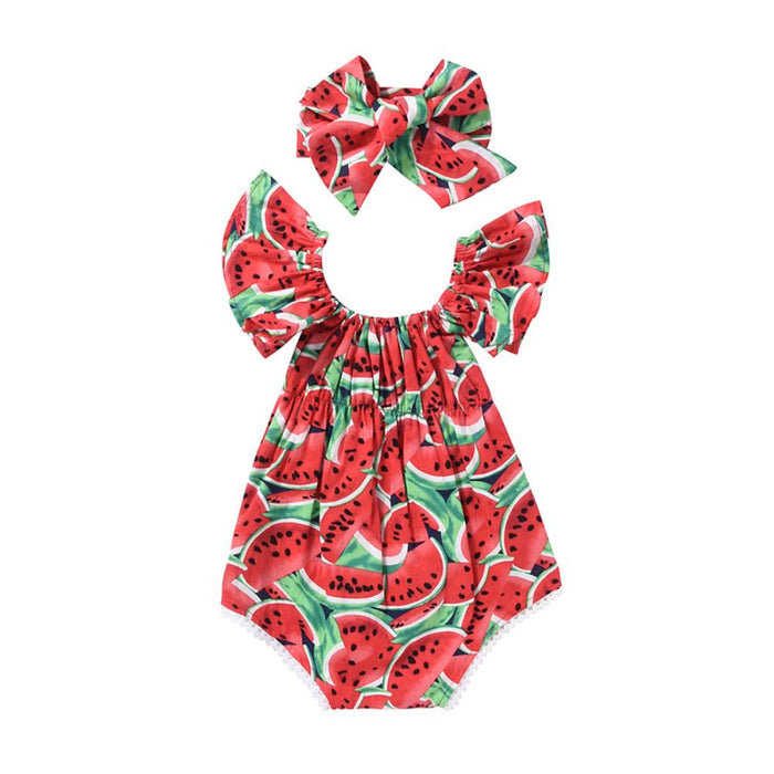 2PCS Newborn Baby Girl Watermelon Summer  Cute Bodysuit Jumpsuit Outfit WIth Bow For Girls