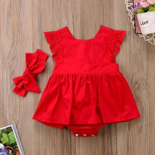 Modern Baby Girl Ruffle Red Lace Romper Party Cotton Dresses with a headband for Newborn And Girls 0-24Months