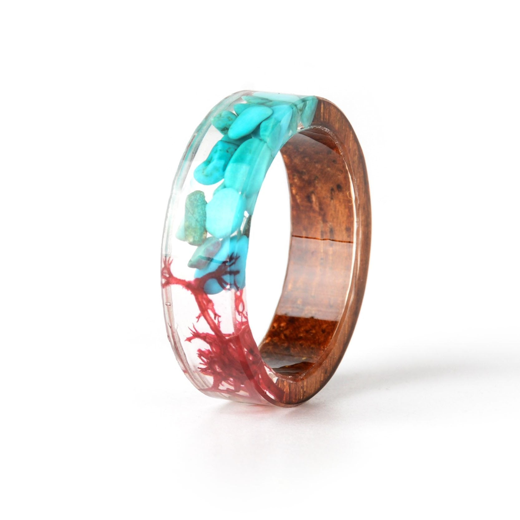 Handmade Wood Resin Ring Dried Flowers Plants Inside Jewelry Resin Ring Transparent Anniversary Ring for Women and Men In Modern Style