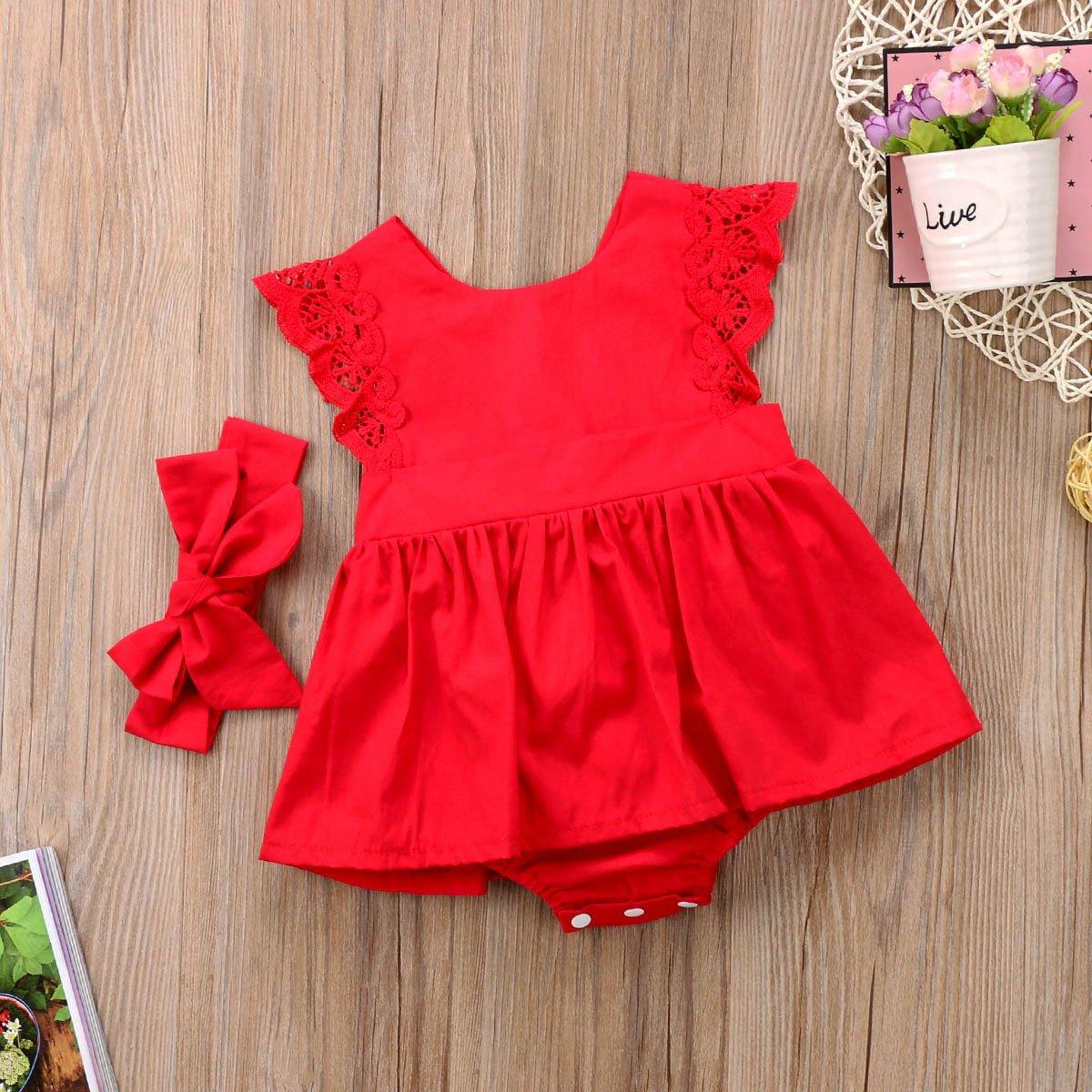 Modern Baby Girl Ruffle Red Lace Romper Party Cotton Dresses with a headband for Newborn And Girls 0-24Months